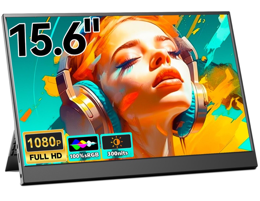 15.6" Ultra-Slim Portable Monitor, 1080P FHD IPS 100% sRGB Second Screen, USB-C HDMI Plug & Play, Built-in Kickstand & Dual Speakers, Travel Monitor for Laptop/Mac/Switch/Xbox